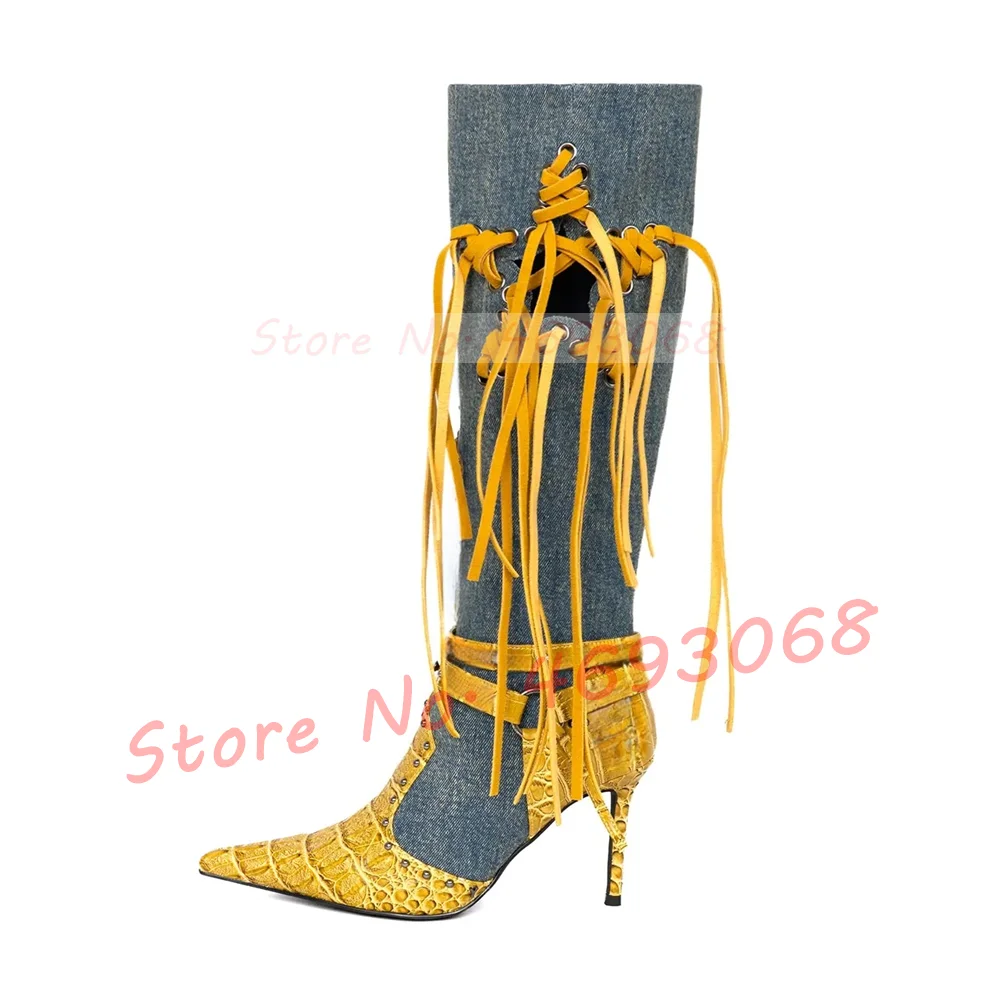 

Splicing Leather Fringed Long Boots Women Stylish Five-pointed Star Hollow Knee High Boots Sexy Pointy Toe Chic High Heels Shoes