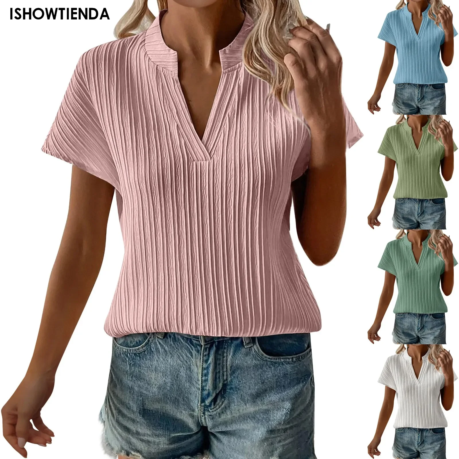 Womens Short Sleeve Shirt Textured Tops V-neck Knit Solid Loose Casual Basic Shirts Tee Blouses Striped Short-sleeved Casual T-s