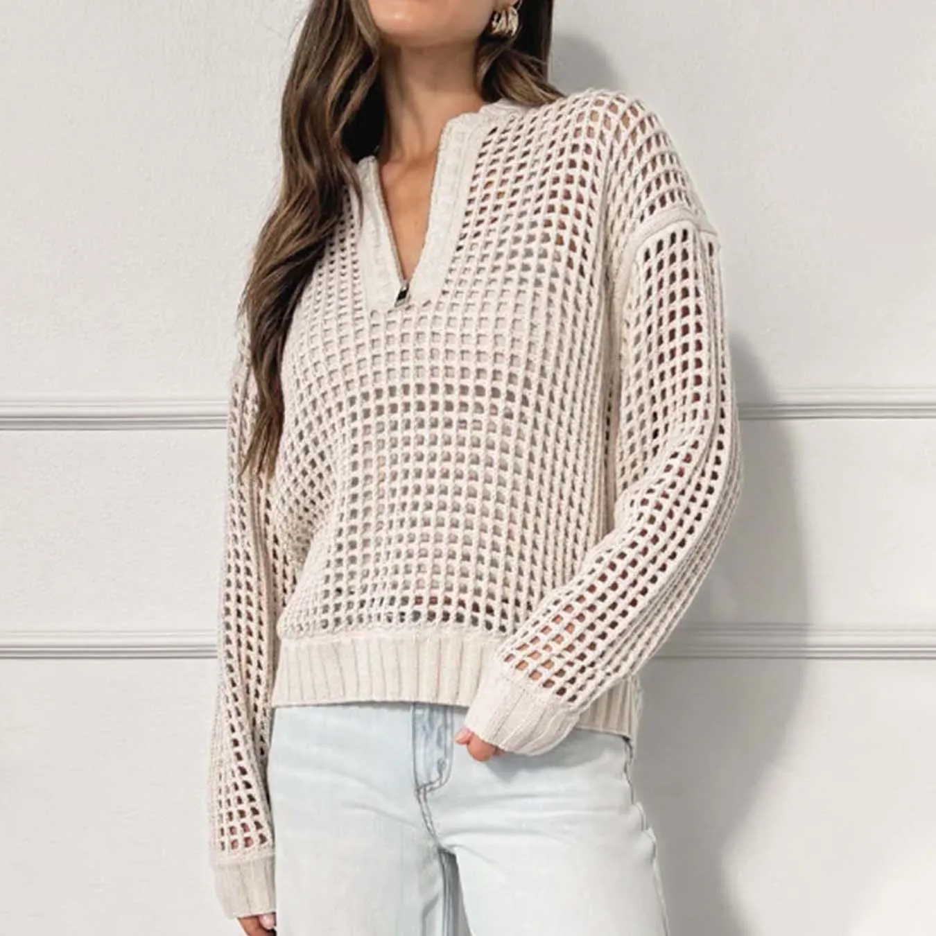 

Apricot Pullover Half Open Hollow Long Sleeved Sweater 006