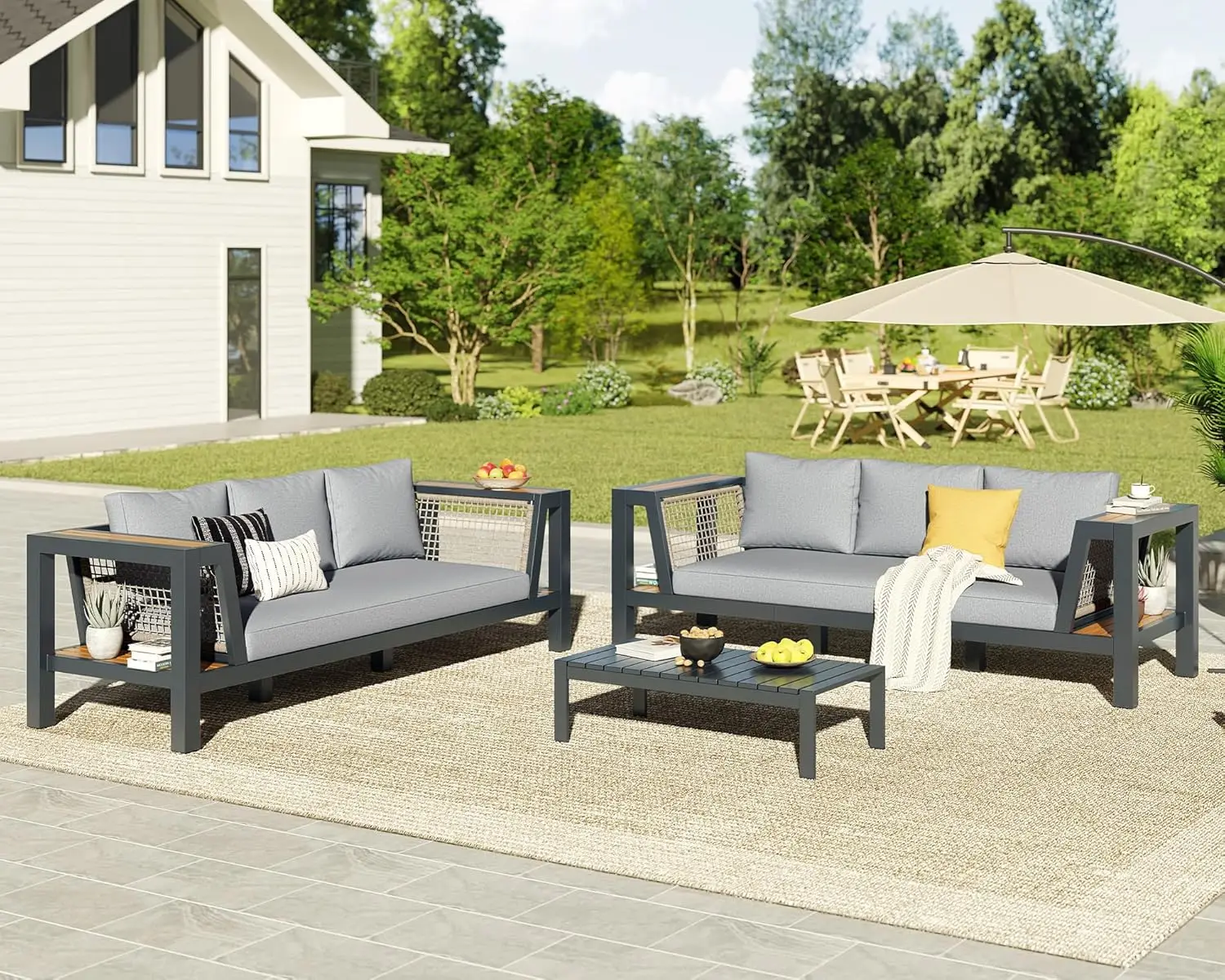 

2-х предметный алюминиевый диван-патио с подлокотником для хранения и водонепроницаемыми подушками, 6-местный уличный диван с боками из ротанговой сетки, L-образная форма