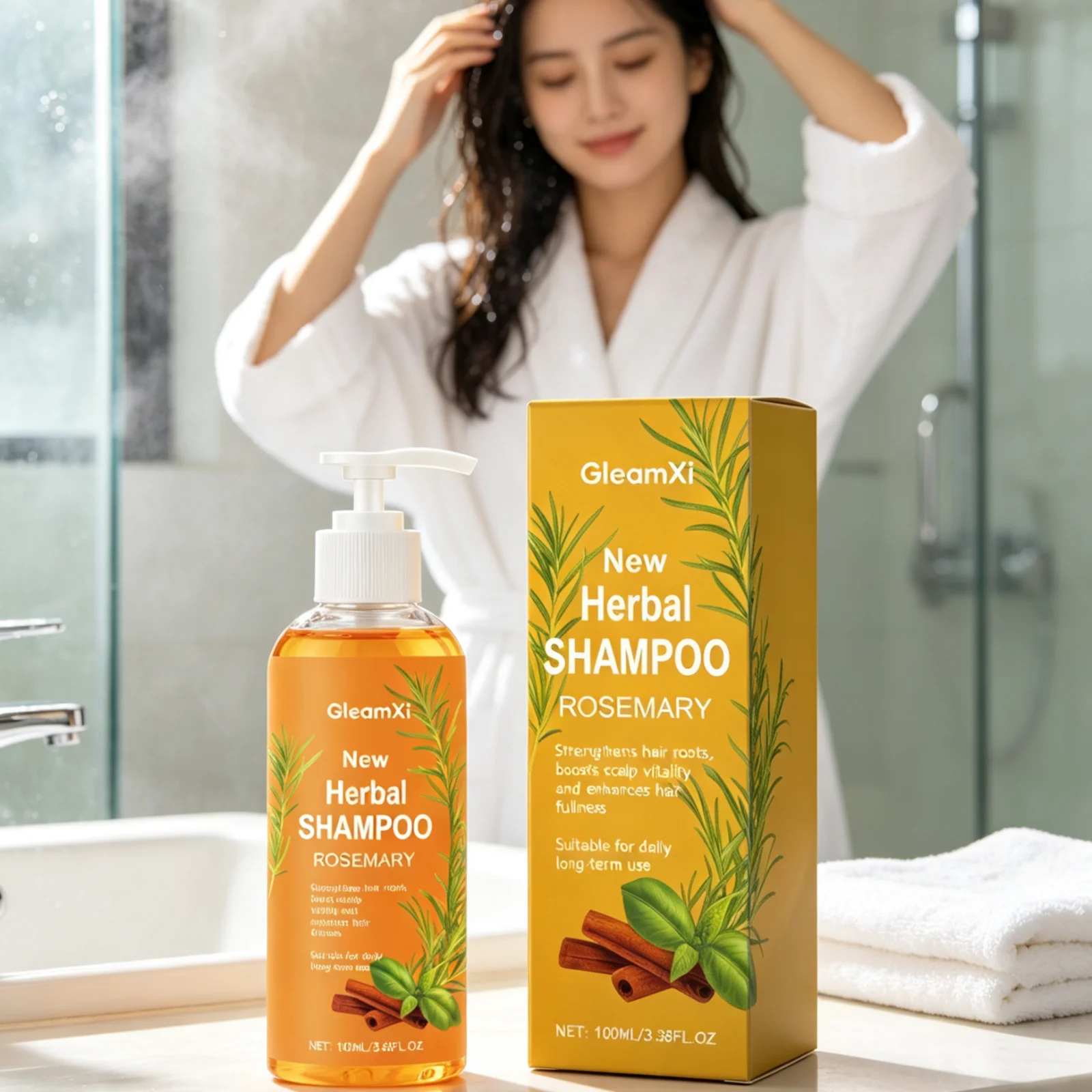 GleamXi Rosemary Shampoo Strengthen Hair Roots Scalp Vitality Boost Nourishing Repair Smooth Glossy Botanical Hair Shampoo 100ml