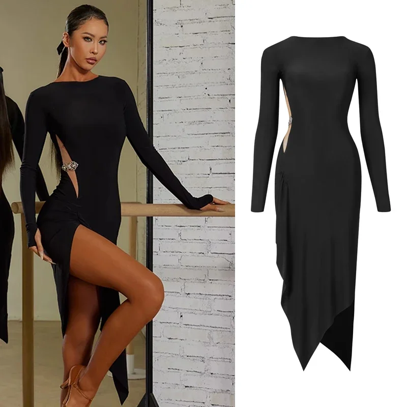 Women Black Long Sleeves Dress Adult Tango Dance Clothes Rumba Ballroom Dance Dress Practice Wear ZYM Latin Dance Dress