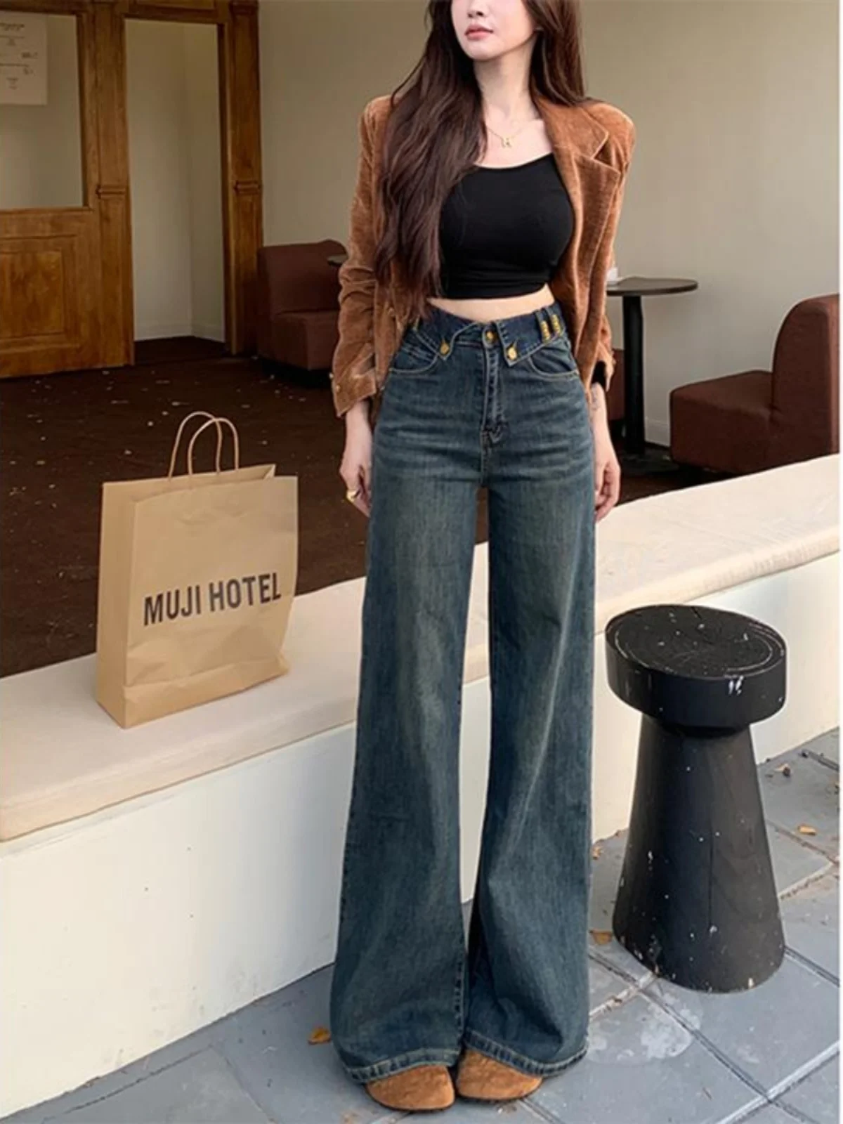 Jeans a vita alta dimagranti a vita alta con campana Bot Jeans versatili da donna con stampa di lettere, vestibilità comoda, pantaloni lunghi, pendolari casual