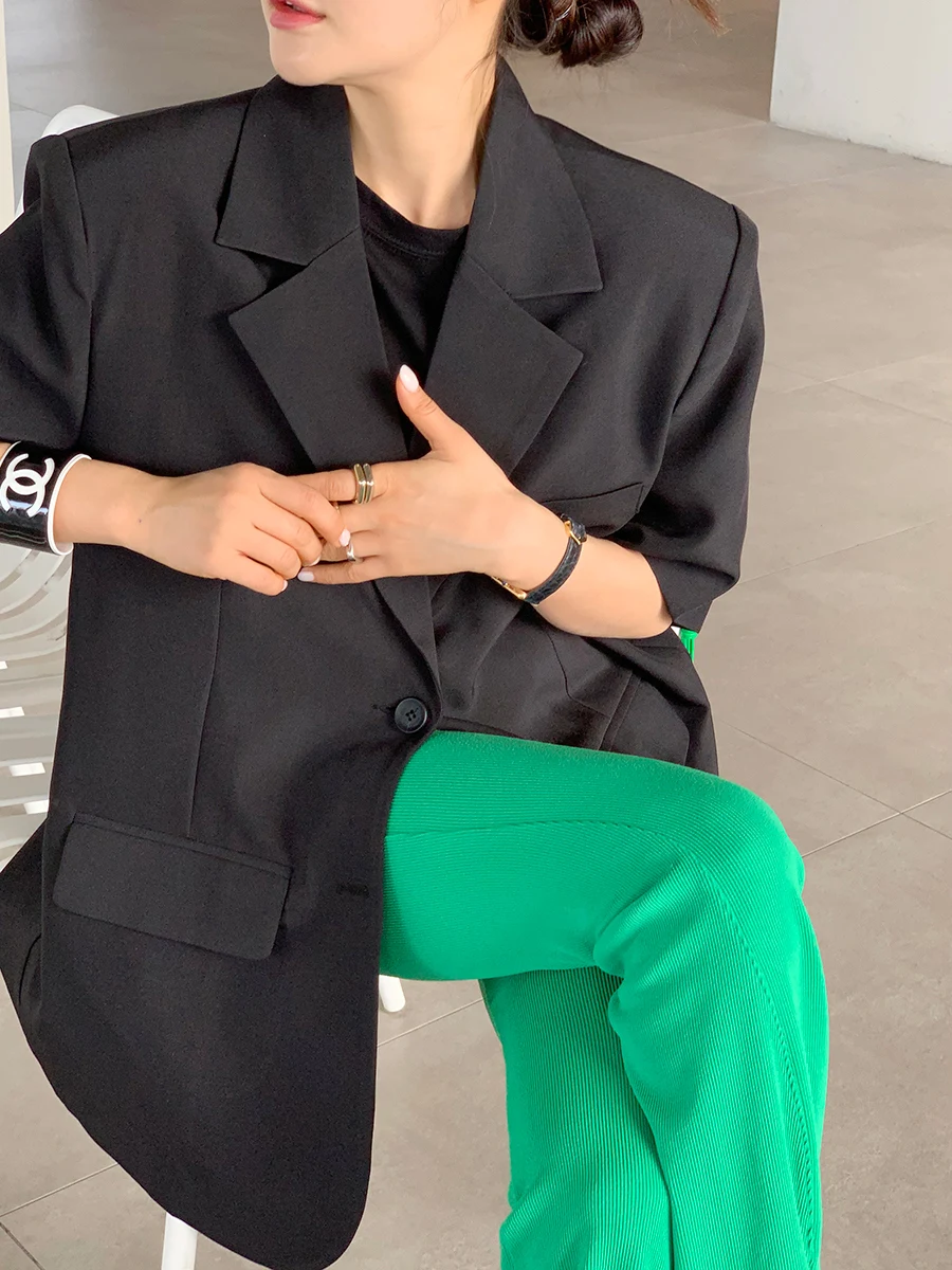 

Loose Women's ort Sve Suit Jaet with Slits Two Buttons Ba Casual Slimming Simple Sle Versatile Cotton irt