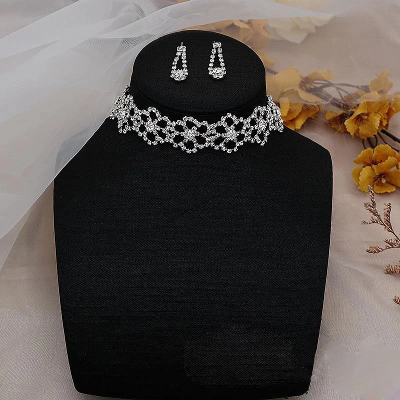 Fashion Crystal Bride Jewelry Set Rhinestone Silver-plated Wedding Dress Banquet Necklace Earrings Set Ladies Gift