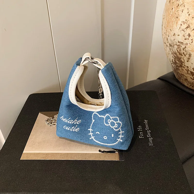 Kawaii HelloKitty Handbag Sanrio Cute Kitty Embroidery Mini Denim Handheld Detachable Strap Travel-Friendly Statement Apparel​​