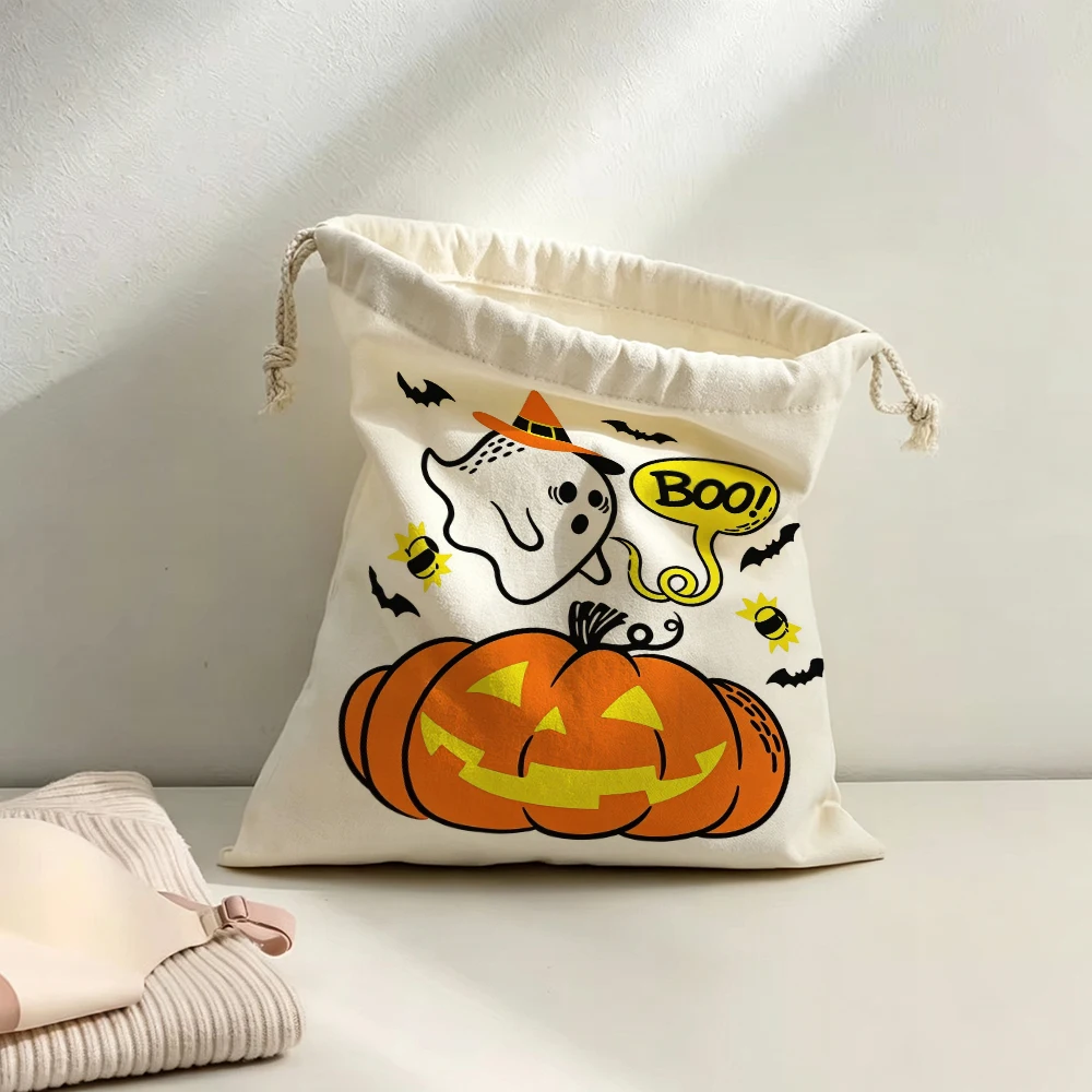 Personalized Halloweens Drawstring Bags Custom Names Cute Ghosts Pumpkins Boos Spooky Storage Gifts Pouches for Women Girls Kids