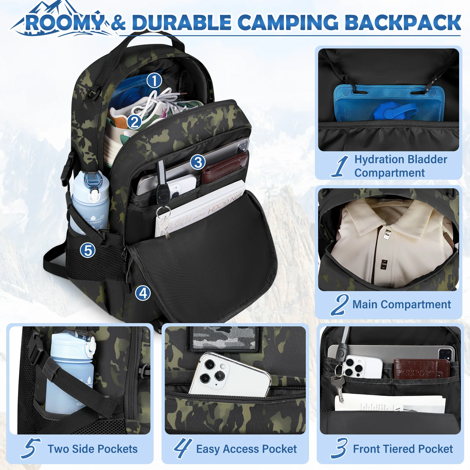 RAINSMORE Outdoor Sports Backpack Fishing Camping Gym Backpacks for Men Multi-function Travel Hiking Backpack for Men and Women