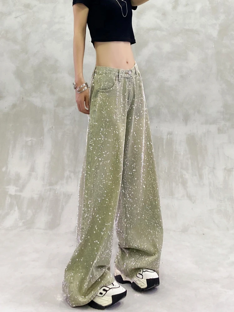 Blingbling الماس الكامل الساخن الحفر النساء سراويل جينز كل مباراة عالية الخصر واسعة الساق الجينز التطهير الطابق السراويل المستقيمة