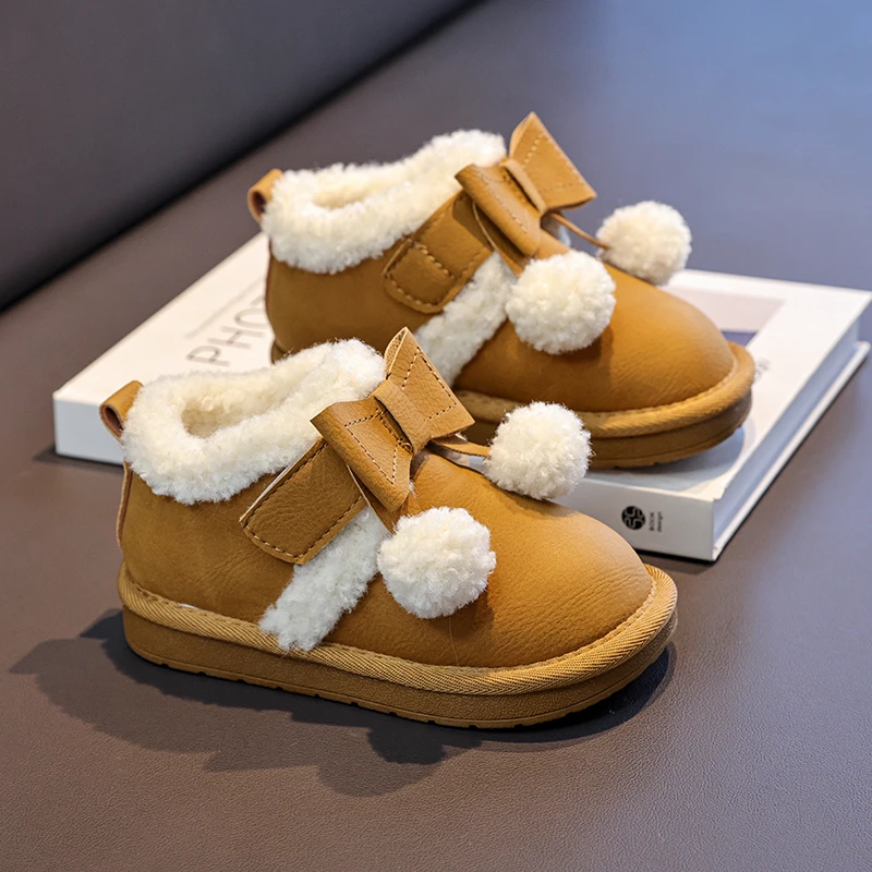 الأطفال طفل الثلوج الأحذية 2-16 سنة الأصفر القوس شعري الفتيات أحذية قطنية بني داكن مائة المضادة للانزلاق الاطفال أحذية بوت قصيرة #5