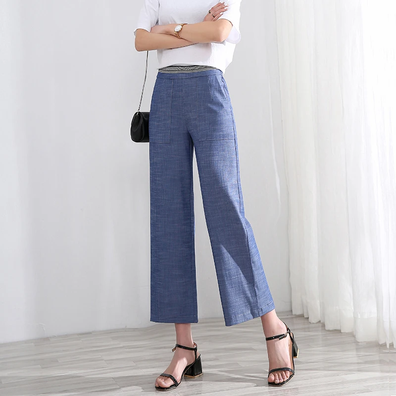 

Ледяной шелк, утягивающие прямые брюки с высокой талией, летние тонкие джинсовые джинсы, женские длинные брюки, драпированные широкие брюки