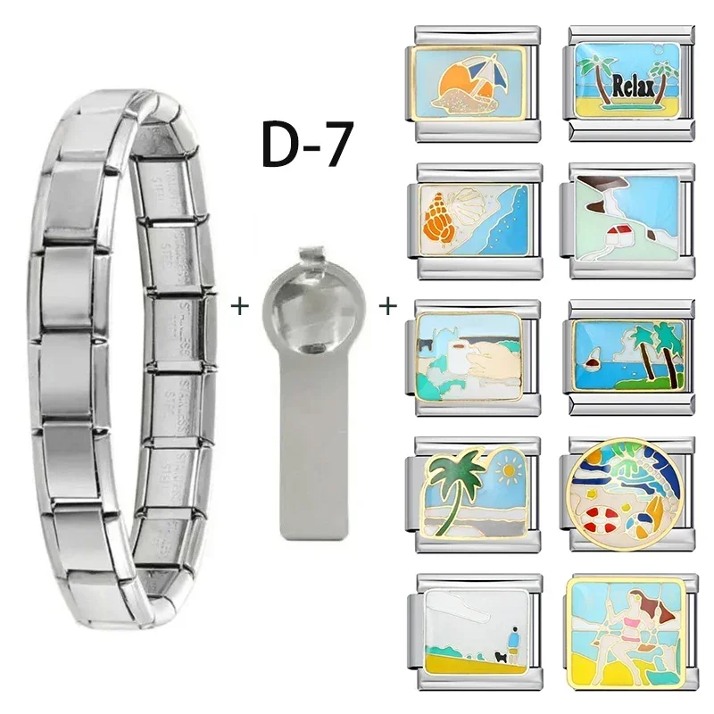 1Set Seaside River Building Italian Charm Bracelet Set with Basic Chain and Tools 9mm Modular Stainless Steel Link DIY Jewelry