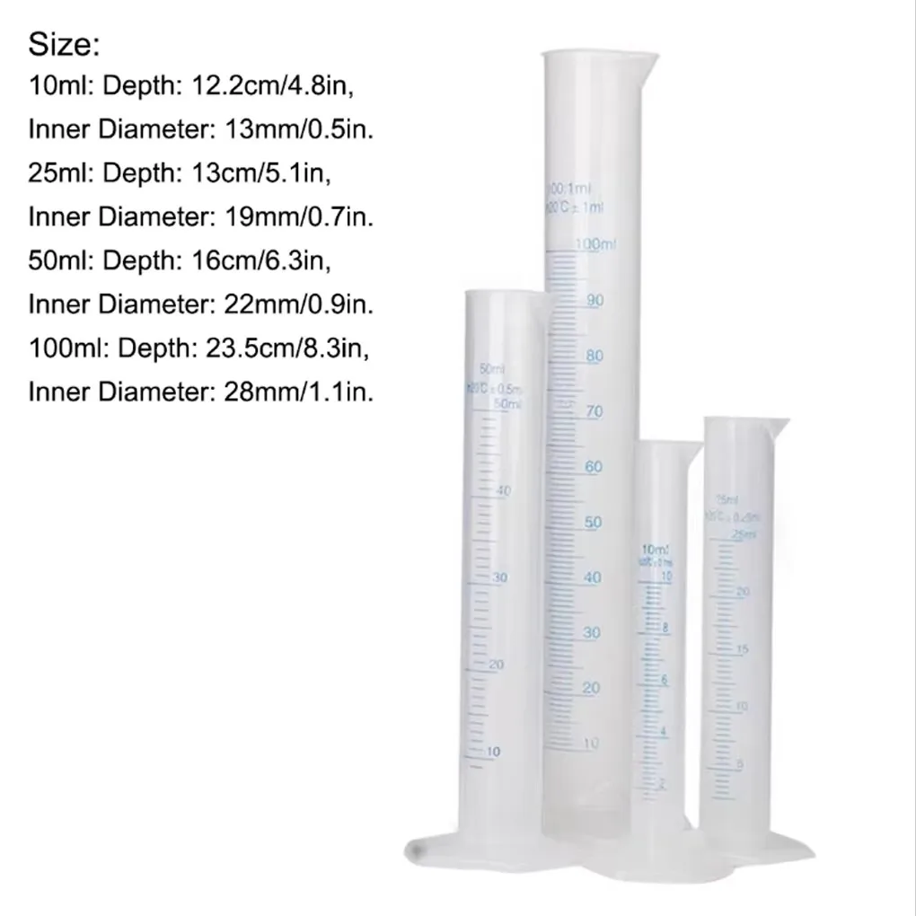 4pcs mix Plastic Graduated Cylinder Laboratory Experiment Test Water Measurement Measuring Tube Cylinder 10/ 25/ 50/100ml