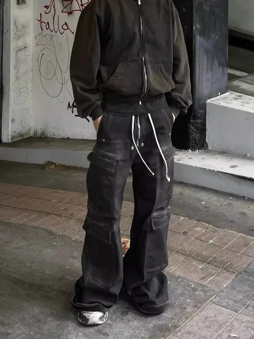 

American High Street Vibe Bla Denim Pants Men's Loose Wide Leg Casual Drapey Lazy Pants Multiple kets Design Trendy Jeans