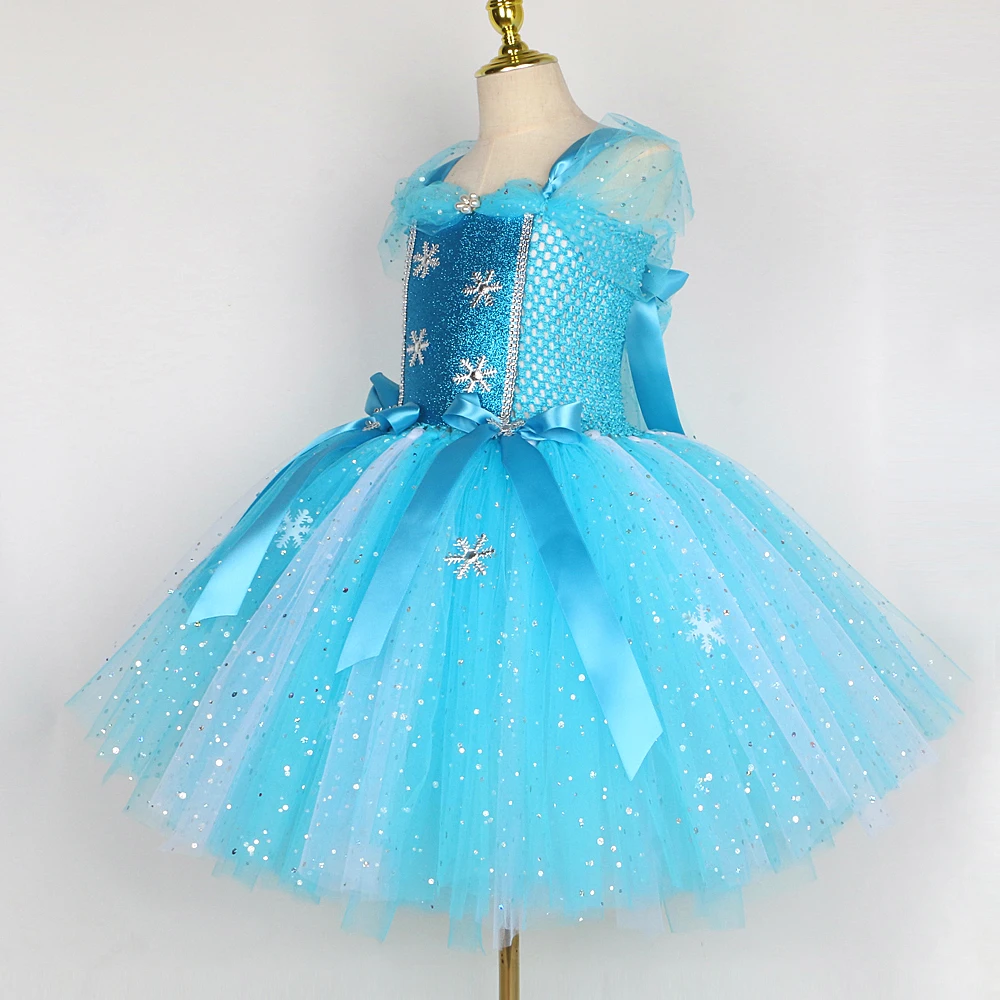 Sparkly Skyblue Elsa Costumes for Girls Glittery Snow Queen Princess Dresses for Kids Snowflakes Christmas Carnival Outfits Gift