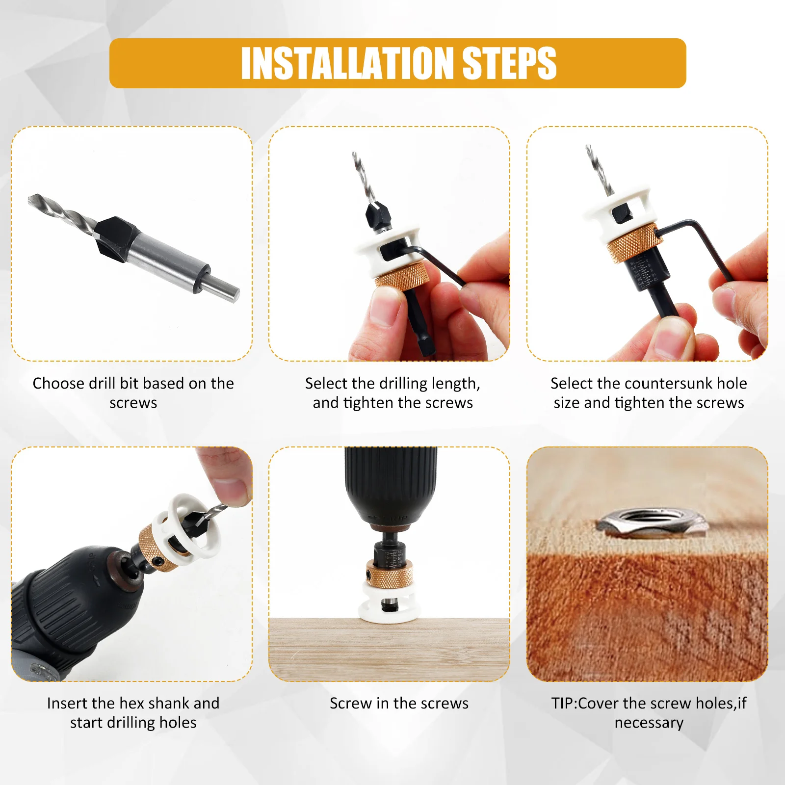 Brocas avellanadoras con tope de profundidad ajustable, broca enrutadora con orificio de apertura para carpintería, tablero de fibra de madera contrachapada