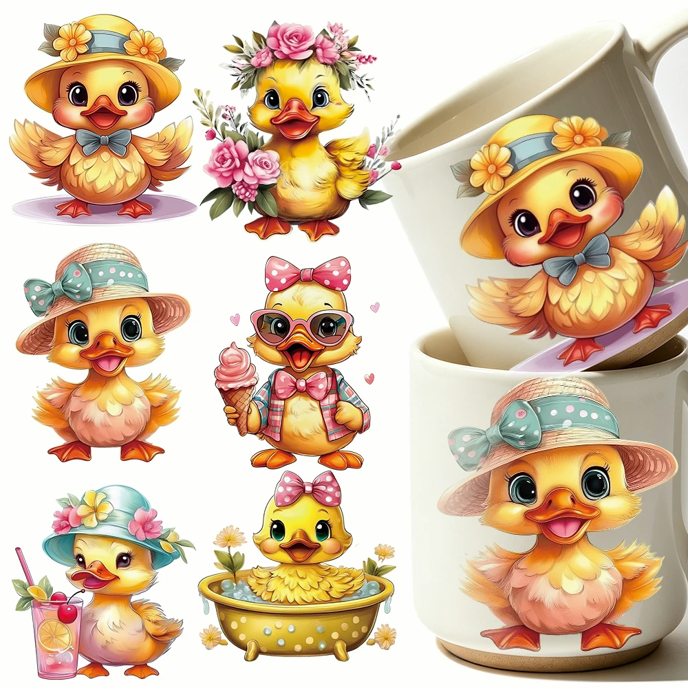6pcs Top Hat Bow Tie Yellow Duck UV DTF Transfer Stickers Kawaii Wreath/Bubble Bath Duck UV DTF Crystal Stickers Cup Wraps