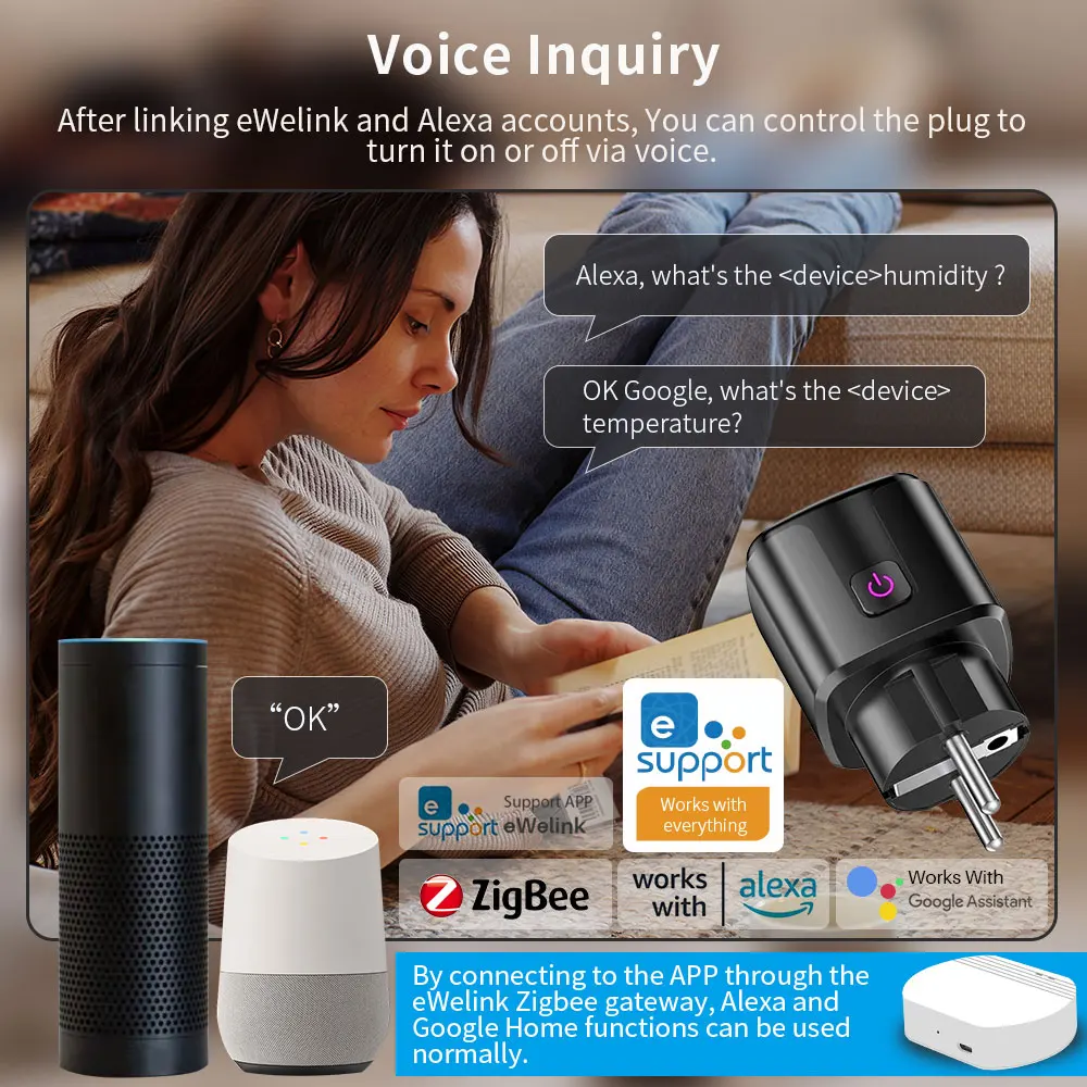 eWelink Zigbee Smart Plug 16A/20A Presa UE con monitor di alimentazione Controllo vocale compatibile con Google Assistant Alexa