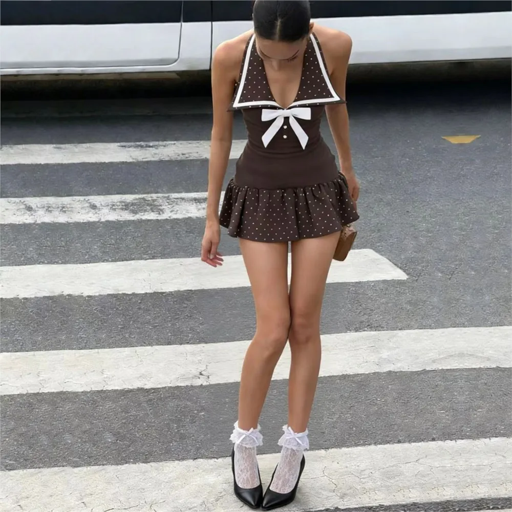 

2026 Sweet A-line Dress Dresses For Woman Party Wedding Vestido French Contrast Polka Dot Neck Halter Bowknot Lapel Slim Pleated
