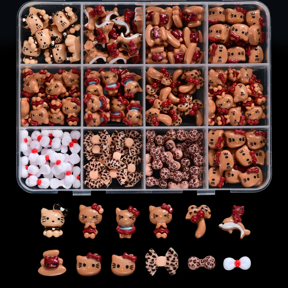 12 Griglie Miste Hello Kitty Accessori per Nail Art Abbronzatura KT Gatto/Leopardo Stampa Occhiali Kitty/Dopamina Arco Pendenti e Ciondoli per Unghie Y2K Forniture