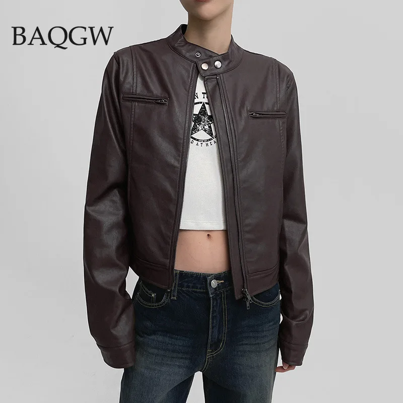 Stand Collar Zipper Leather Jackets Motorcycle PU Coats Women 2023 Autumn Street Long Sleeve Cropped Coat New in Outerwears