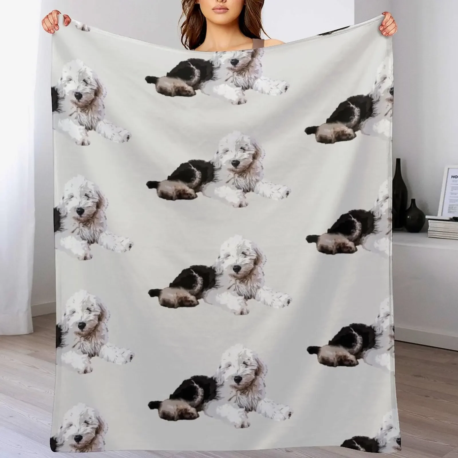 Old English Sheepdog Puppy Dog Throw Blanket Cozy Light Blanket for Travel Camping Picnic