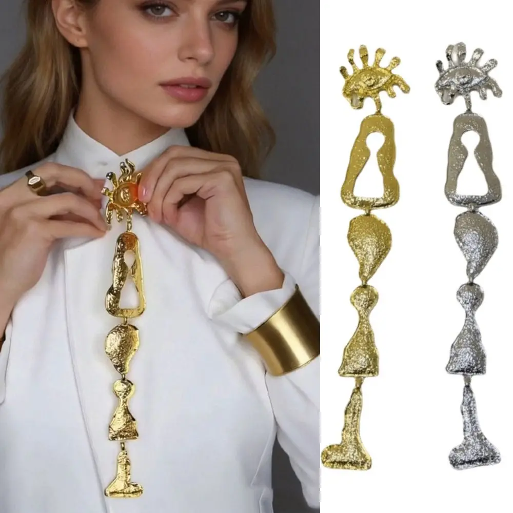 Fashion Exaggerated Long Pendant Pins Metal Alloy Geometric Eyes Facial Brooches Vintage Abstract Pin Brooches Coat Accessory