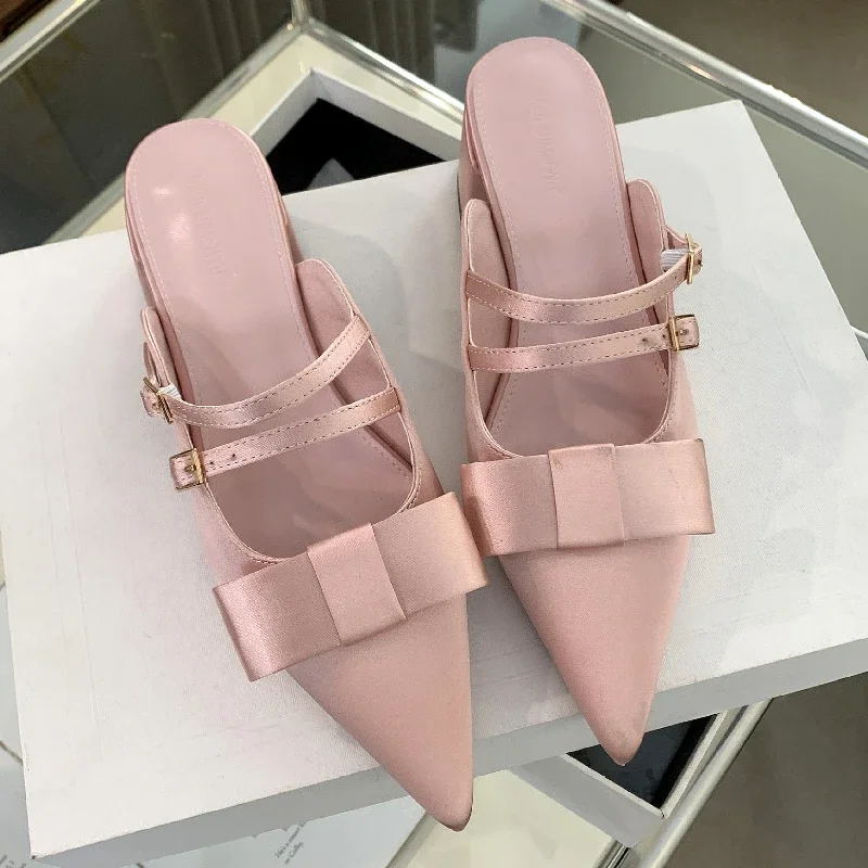 Silk Bowknot Pointed Toe Slippers Women Sweet Elegant Mid Heel Slingbacks Shoes Female Slides Fashion Designer Sandals for Women