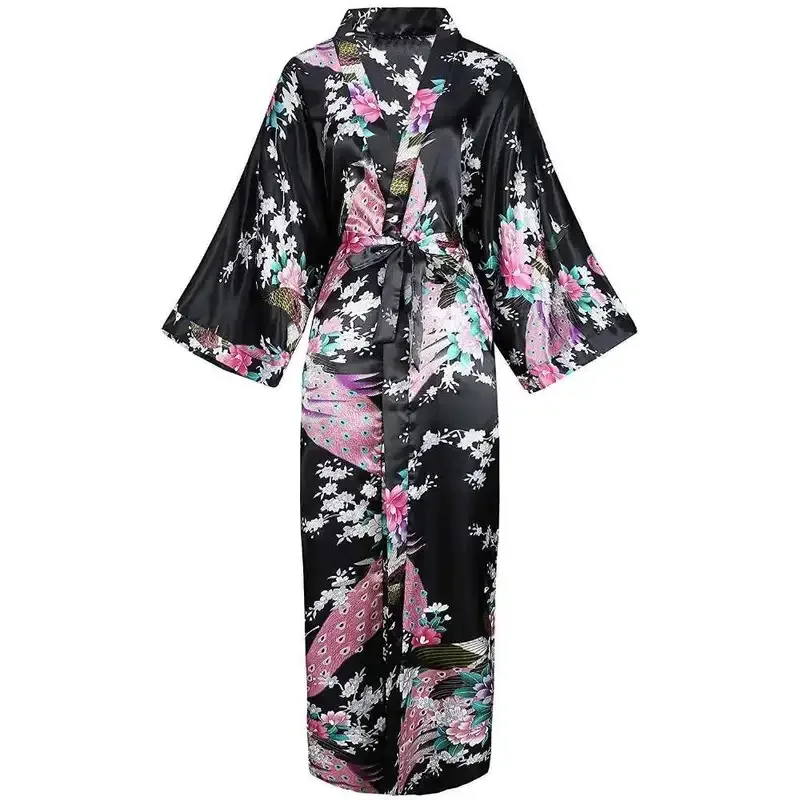 คลาสสิกจีนหญิงชุดราตรีพิมพ์นกยูงชุดนอนกิโมโนชุดอาบน้ำเซ็กซี่ซาตินยาวเสื้อคลุมบวกขนาดชุดบ้าน