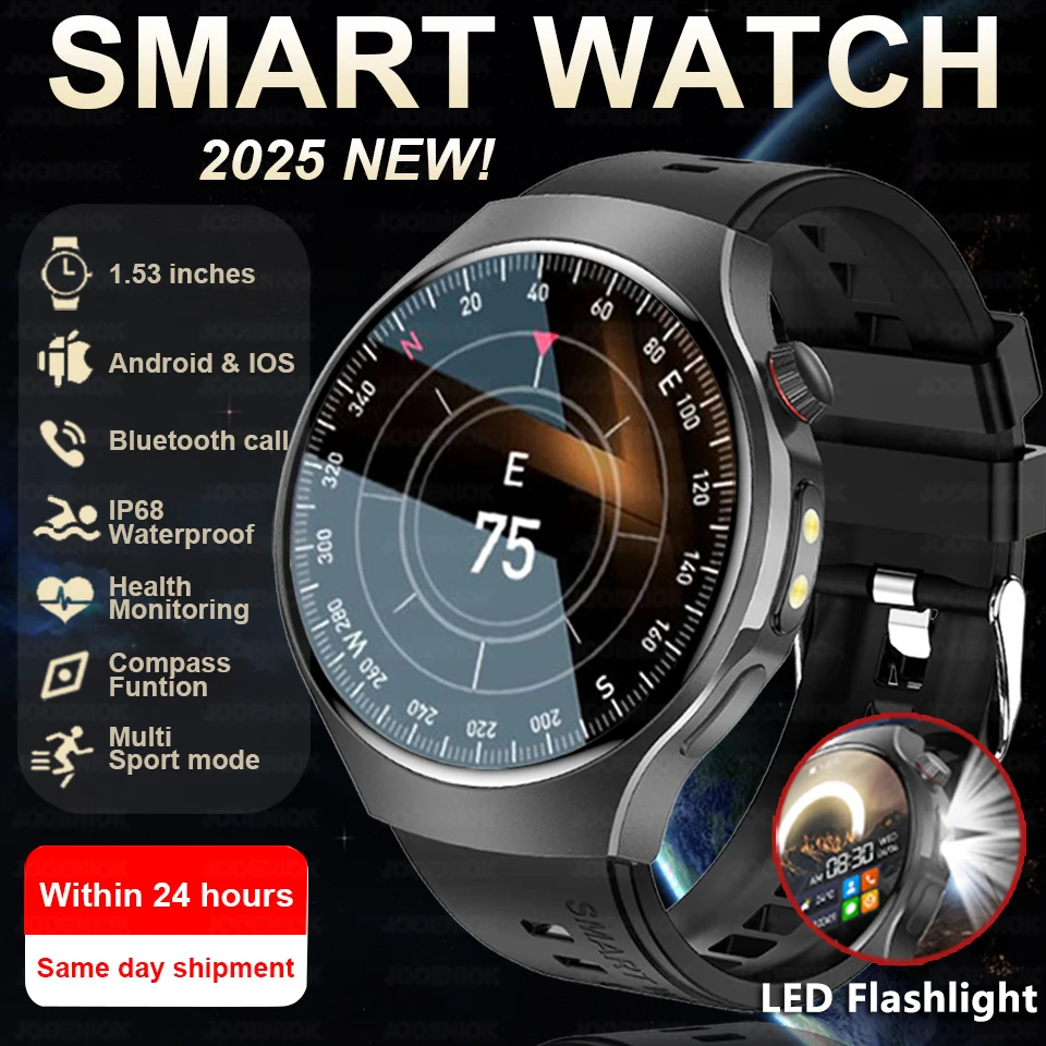 

2025 Новые Смарт-часы с Bluetooth для вызова, мужские часы с полным сенсорным экраном, компас, фонарик, 1,53 дюйма, монитор здоровья, умные часы для IOS Android