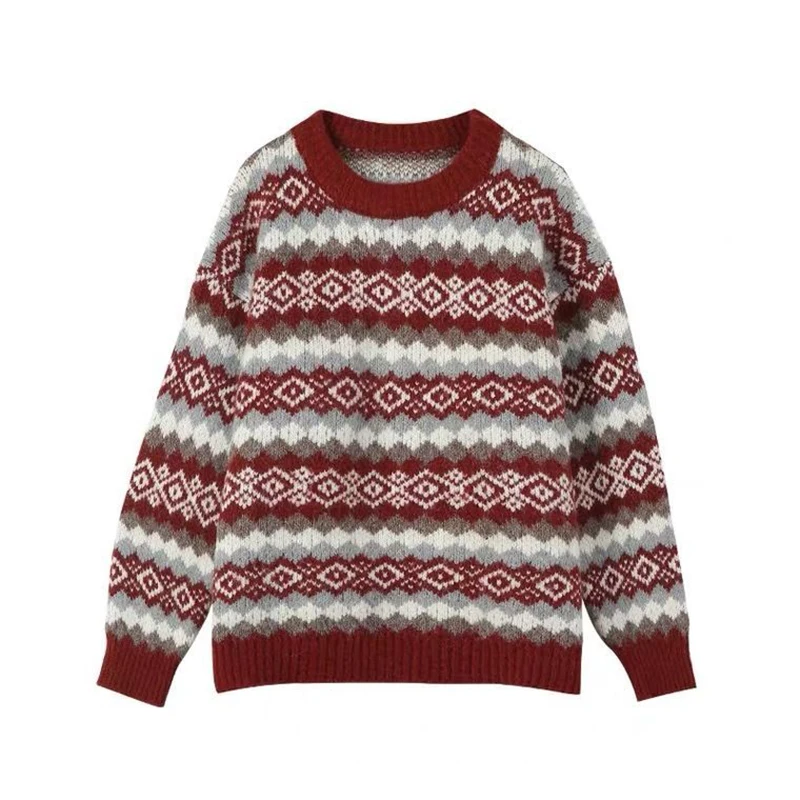 Oversized Geometric Sweater Women Vinatge Loose Round Neck Knitted Pullover All-Match Long Sleeeve Knitwear Top Plus Size Winter