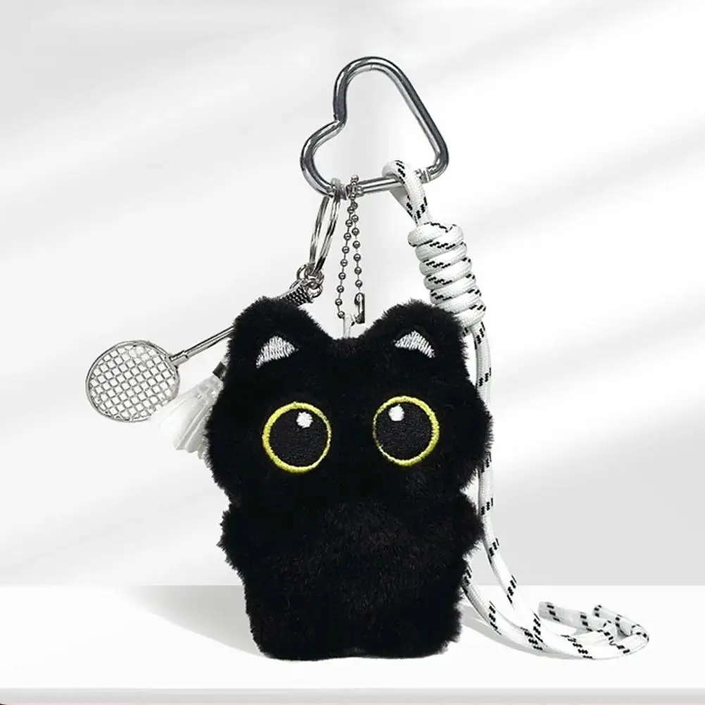 دمية قط أسود لطيفة مخملية سلسلة مفاتيح قلادة صغيرة حلقة مفاتيح السيارة دمية قطط هدايا عيد ميلاد للأولاد والبنات - 4