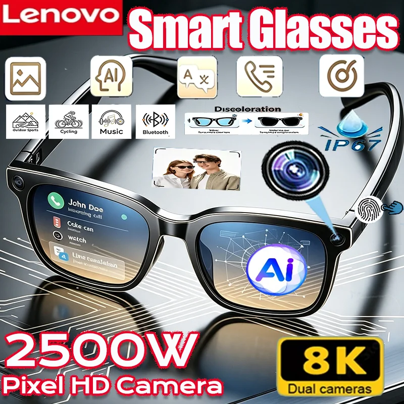 Lunettes de soleil intelligentes Lenovo AI 2500MP 8K avec Bluetooth, pour le cyclisme en extérieur, vidéo, photo, ChatGPT, musique, anti-touch, protection UV, traduction, lunettes intelligentes
