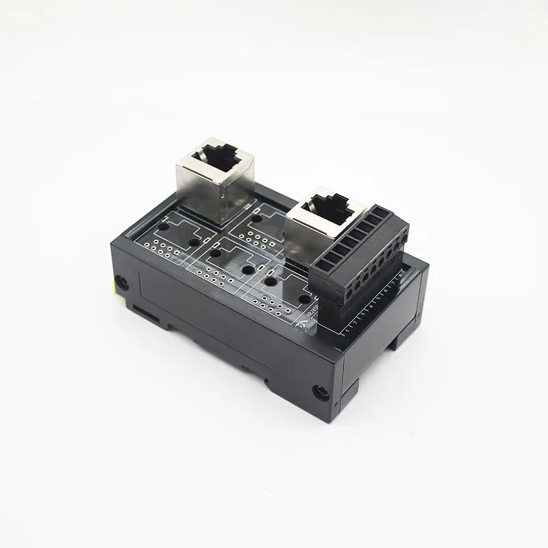 RJ45 vertical Breakout Board with 2xRJ45 Jacks and 2 *8pins terminal blocks with DIN rail mounting foot and panel mounting foot