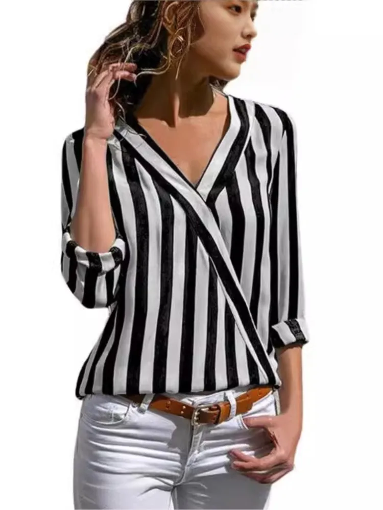 Spring Autumn Women's New Long Sleeve Sexy V-neck Fashion Stripe Printed Women's Irregular Shirt Casual Comfortable Top