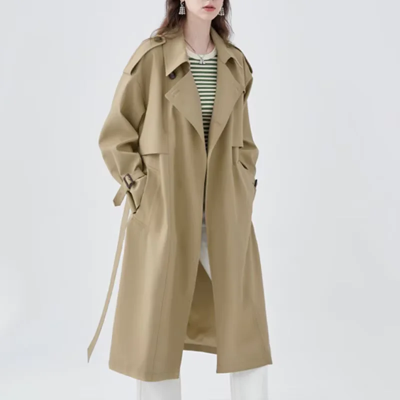 Gabardina larga de manga larga con cinturón para mujer, abrigo clásico de Color liso, ropa de calle informal para primavera y otoño