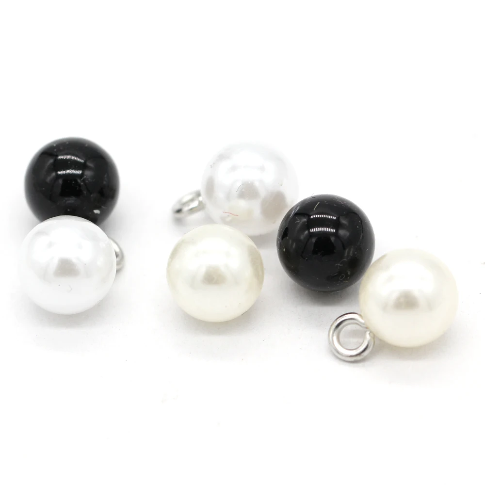 EQUBO 8/9/10/12/15/20mm Round Beige Black Plastic Pearl Buttons with Silver Shank for Clothing Small Shirt Dress Doll DIY Crafts