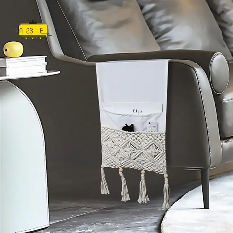 

A23E-Macrame Sofa Armrest Organizer Remote Control Holder Couch Bedside Armchair Storage Basket Bag For Magazine, Book