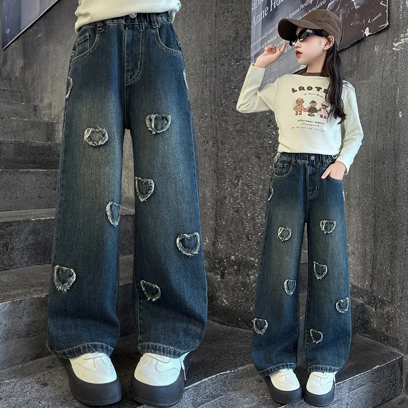 Teenagers Girls Jeans Spring and Autumn Children Loose Straight Leg Wide Pants Children Vintage Love Embroidered Jeans 5-15Year