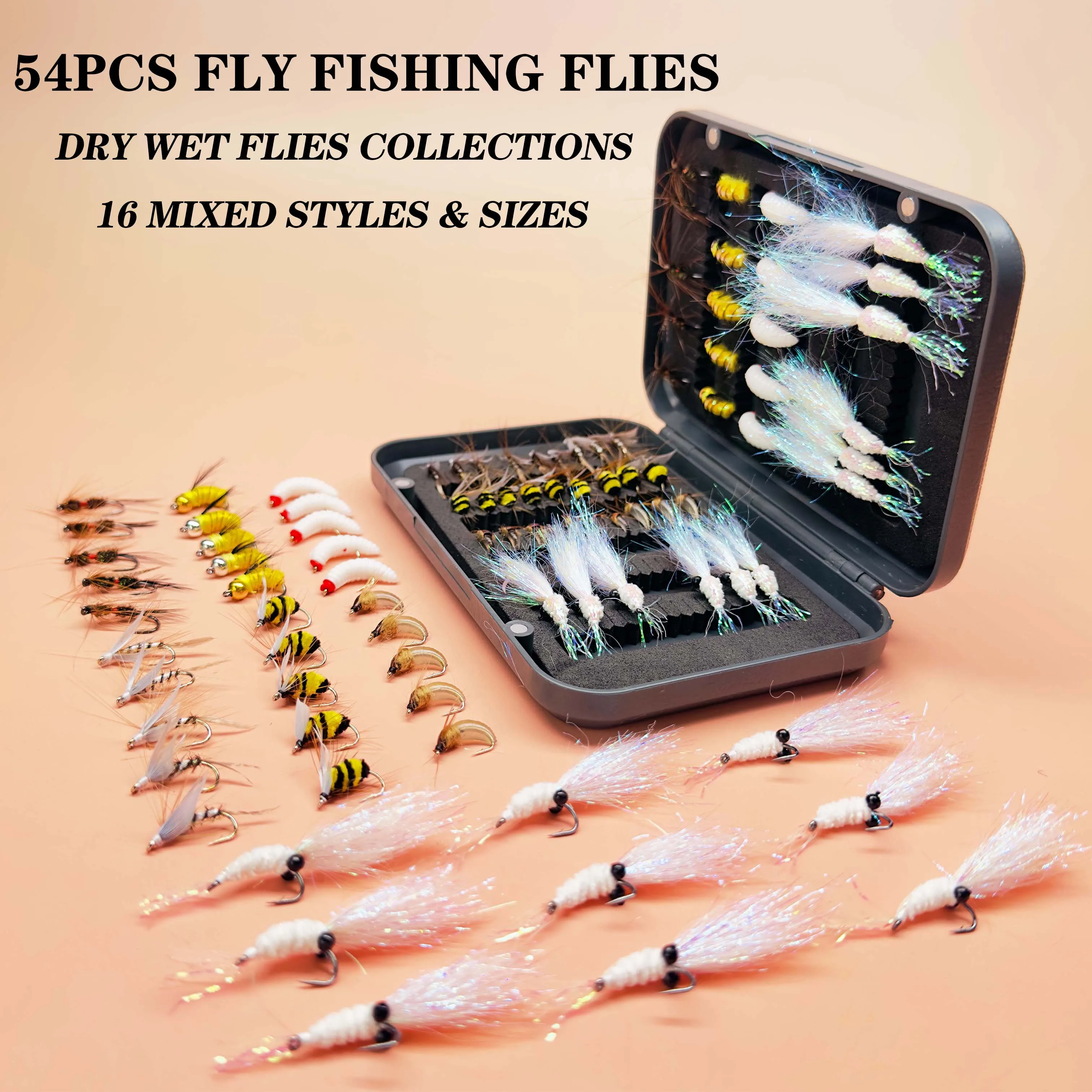 

Trout Fly Fishing Flies Collection 54Pcs/Set Dry Wet Flies Nymph Streamers Fly Assortment with Fly Box Fly fishing Lures Kits