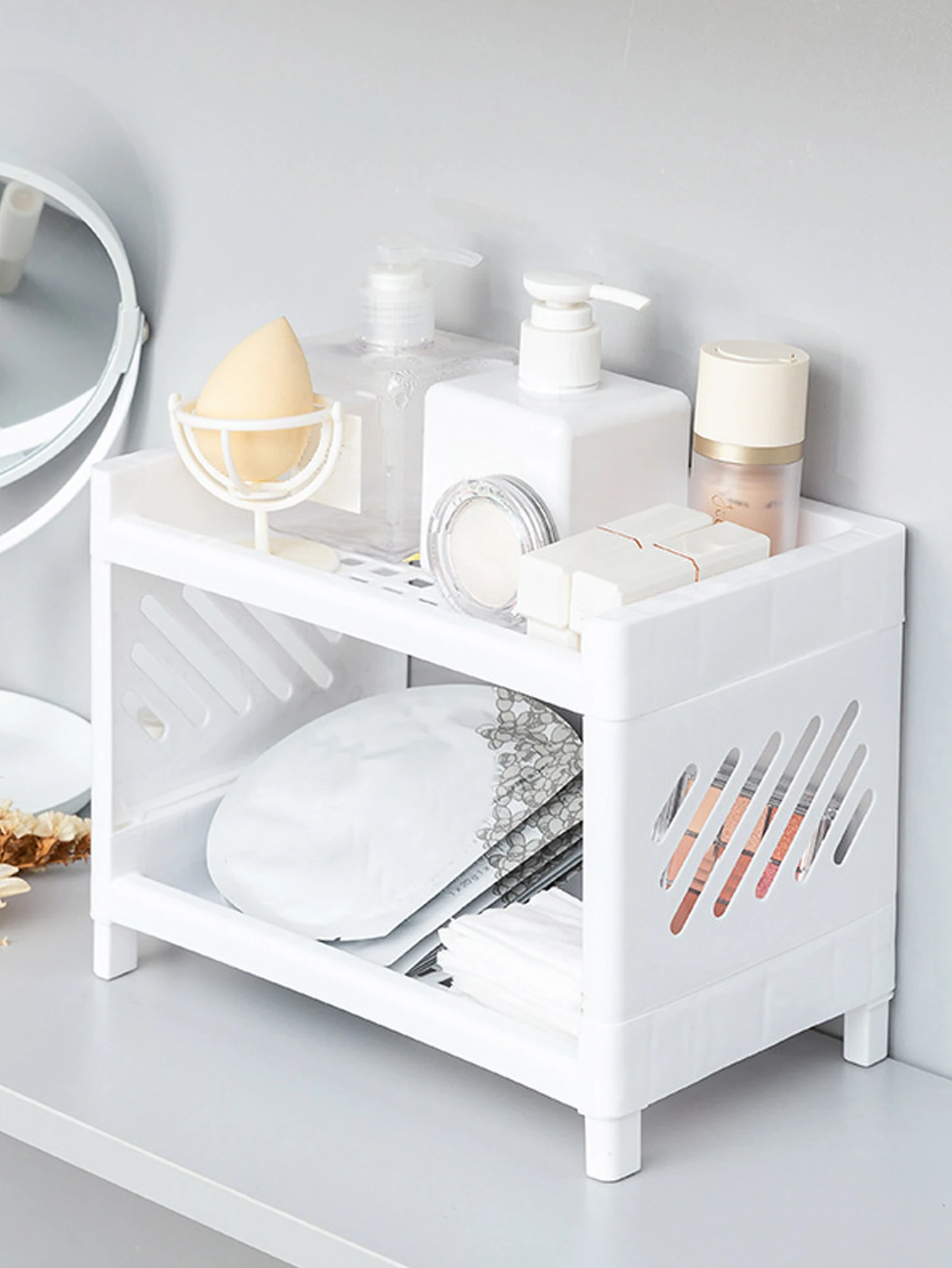 

Minimalist Desktop Double-Layer Storage Rack White Student Dormitory Clutter Office File Makeup Organizin Dressing Table Skin