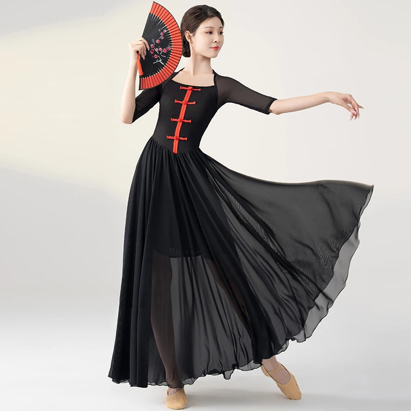 

Classical Dance Training Clothes For Women Adult Long Sleeve Improved Cheongsam Black Mesh Dress Oriental Dance Clothing DQL7617