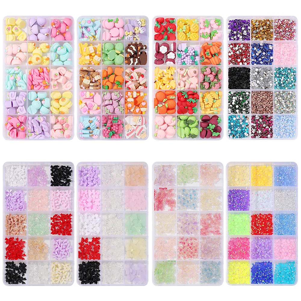 Nail Resin Decorative Accessories Nail 15 Grid Storage Box Flat Bottom Diamond Bow Love Fruit Ice Cream Series Nail Patch