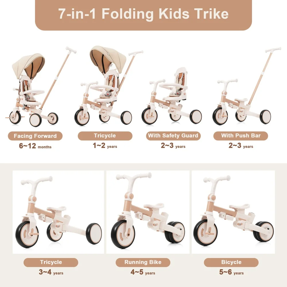 

Portable 7 In 1 Toddler Tricycle With Guardrail Adjustable Handle Light Brown