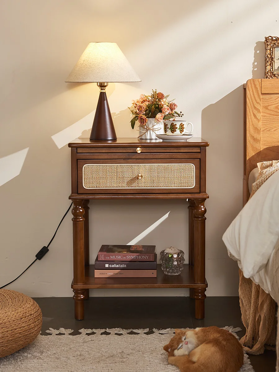 Solid wood modern simple bedroom storage locker, small household mini small storage rattan bedside table 2