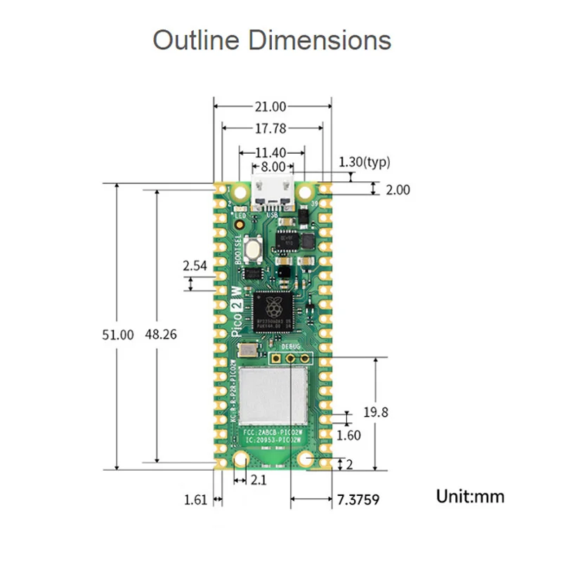 Chip microcontrolador Raspberry Pi Pico 2 W RP2350 Dual-Core Arm Cortex-M33 e Hazard3 RISC-V Suporte Wi-Fi 4 Bluetooth 5.2