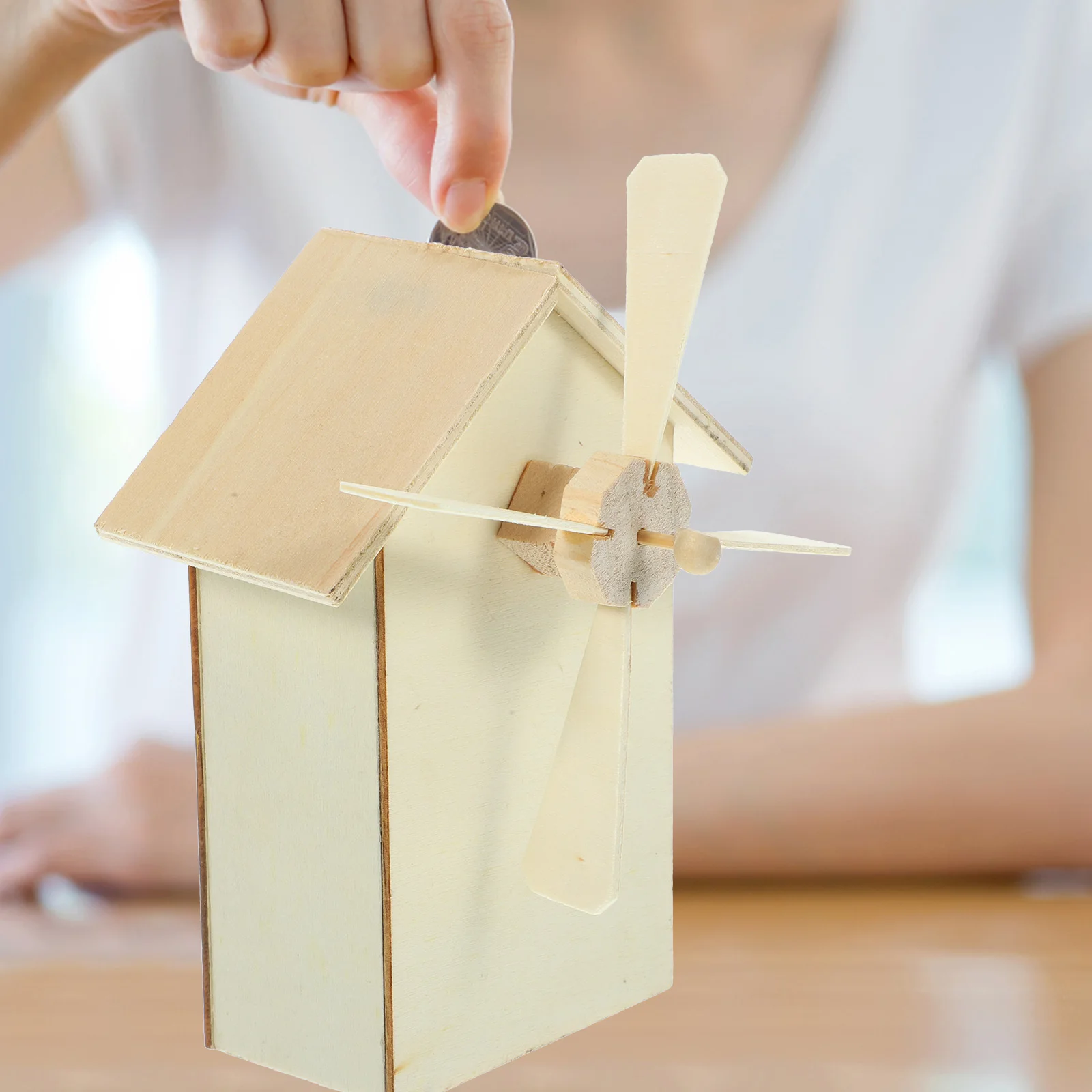 

2pcs Wooden Windmill Piggy Bank Unfinished Diy Craft Kits For Kids Children Coin Box Painting Activity Saving Bank Decor