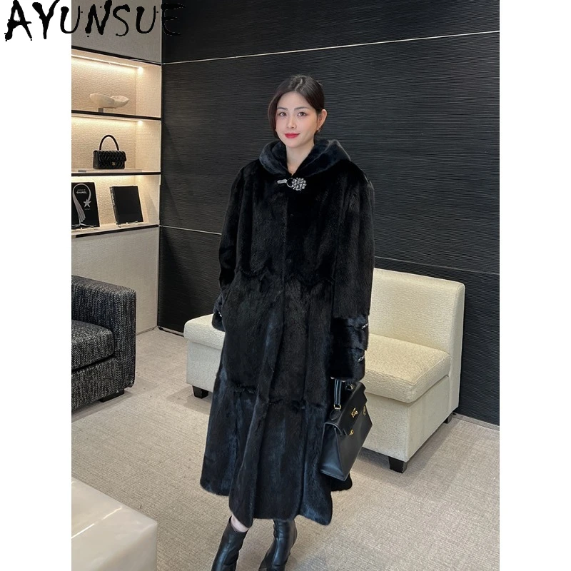 معطف فرو المنك من AYUNSUE ملابس نسائية طويلة معاطف شتوية للمرأة ملابس عصرية فاخرة عالية الجودة للمرأة Pelzmantel Damen