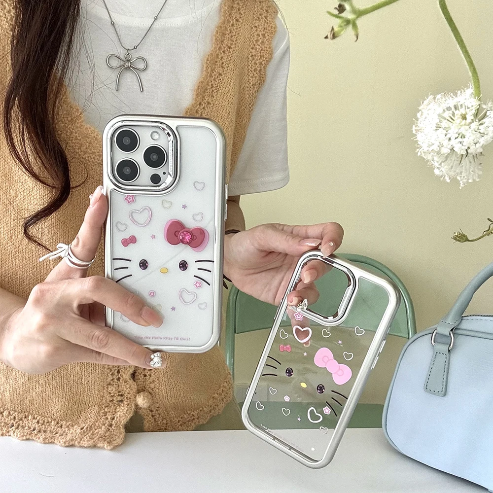 

3D Cartoon Sanrios Hello Kitty Luxury Glitter Phone Case for IPhone 15 14 13 12 11 Pro Max Clear Anti-fall Back Cover Girl Gift