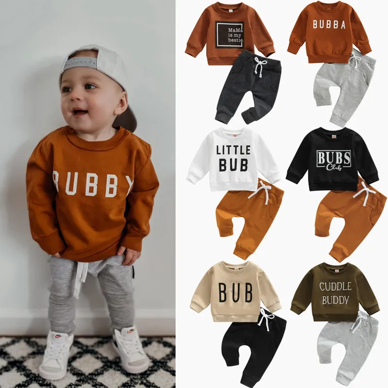 Conjunto de ropa de otoño e invierno para bebés de 0 a 3 años, jersey de manga larga con estampado de letras, Tops, sudadera, pantalones, trajes informales para niños pequeños